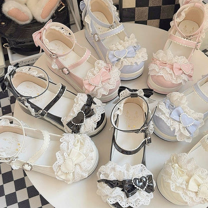 Lace Decor Heart - Sweet Lolita PU Trim Pink Platforms Bow Top