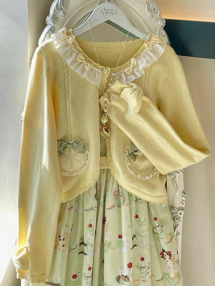 イエローの長袖レモンアップリケカーディガン