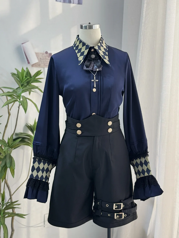 Cuffs Lolita Sleeves Royal Blue Circus Print Collar Ouji Long and Vibes Shirt Checkerboard