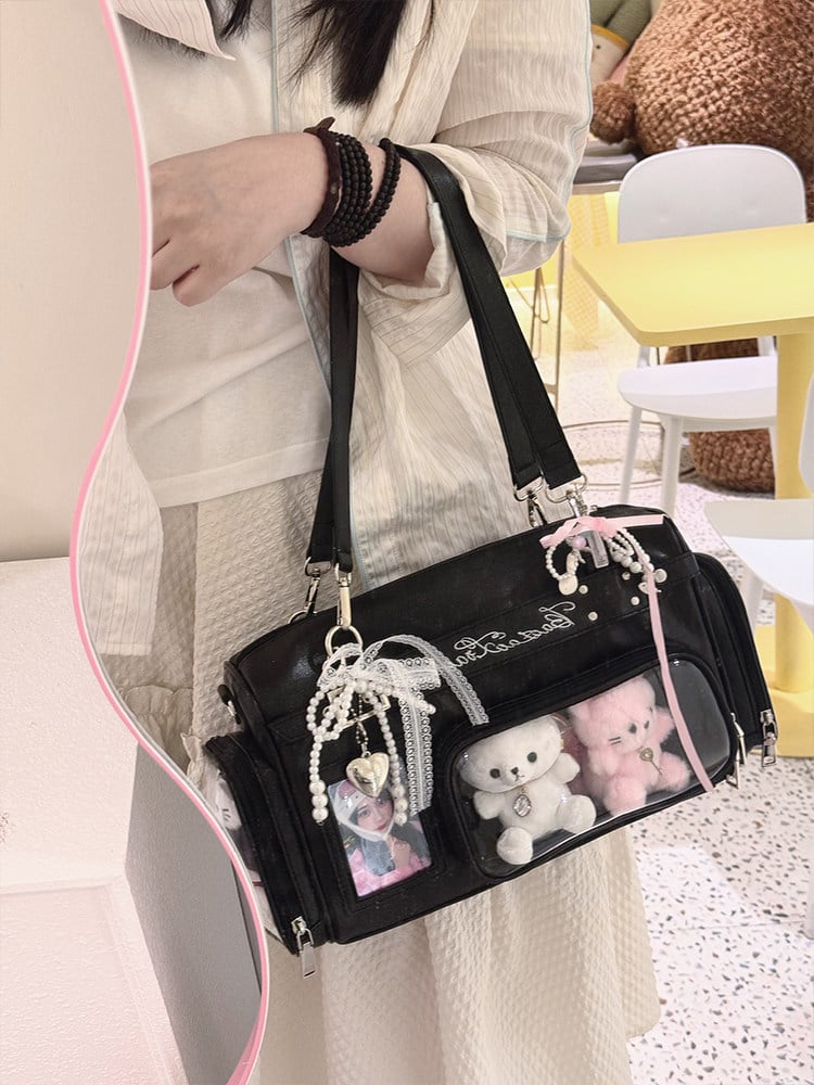 Black with Display PU Window Letter Embroidery Ita Bag