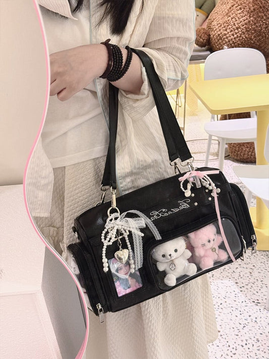 Black with Display PU Window Letter Embroidery Ita Bag