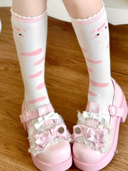 Rosa Muster Weiß Bowknot Print Kitty Socken Lolita Kalb