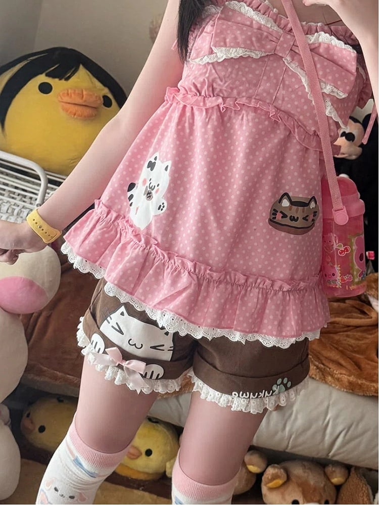 Débardeur à pois et grand motif nœud papillon rose avec Polka Kitten