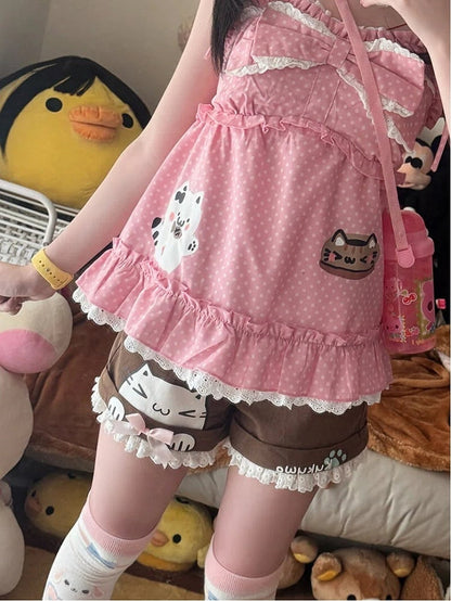 Débardeur à pois et grand motif nœud papillon rose avec Polka Kitten