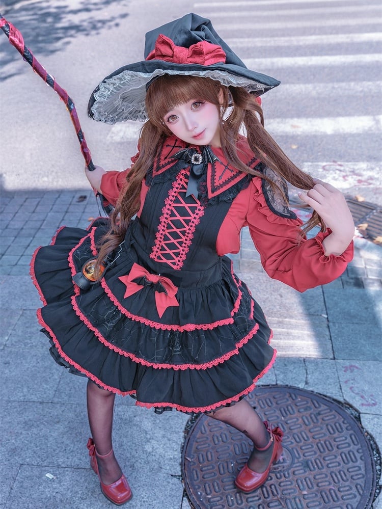 Jumper Showa Retro Black Witch Tiered Skirt Dress Red