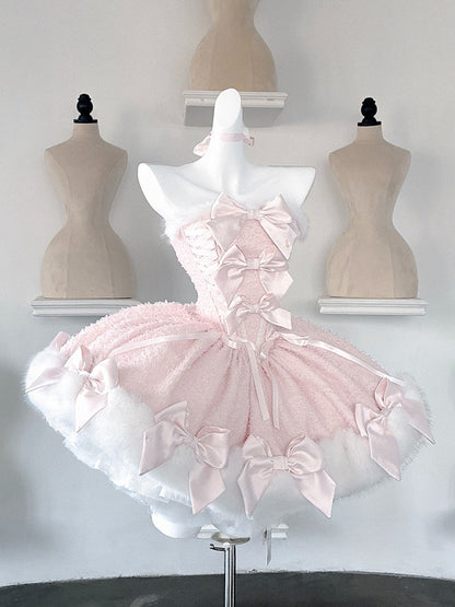 Pink Bow-Embellished Plush Neckline and Hem Boned Dress with Cape Set - POSHEPOSE