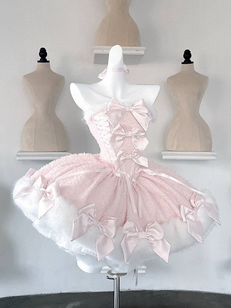 Pink Bow Decorated Plush Trim Boned Dress with Cape Set - POSHEPOSE