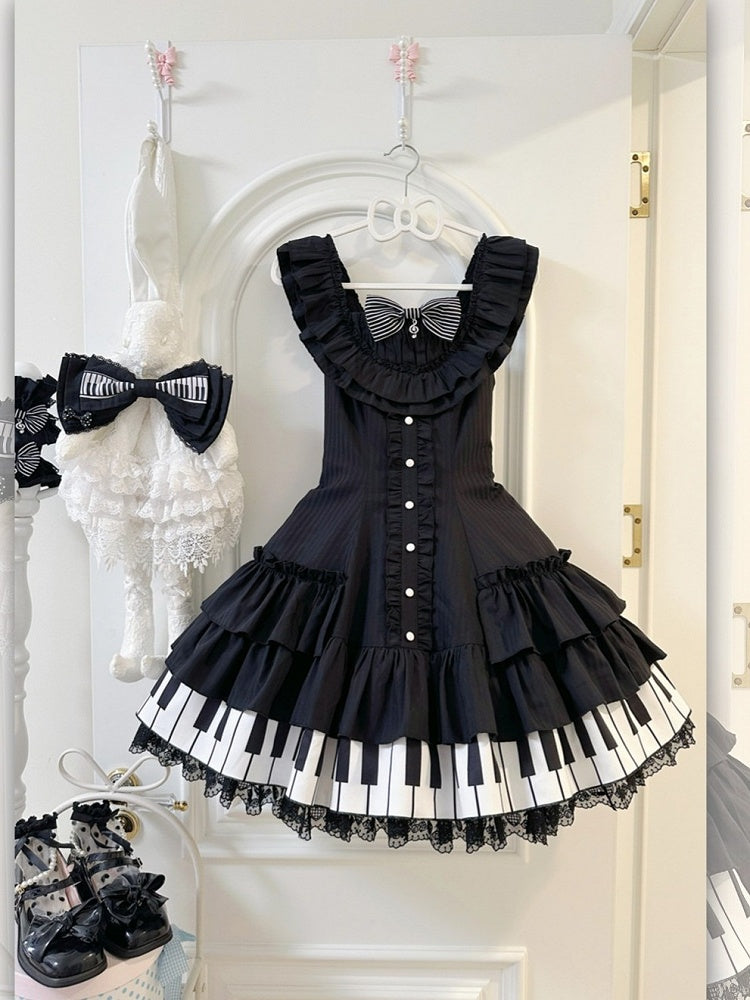 Piano Motif JSK Dress in Black and White with Bow Accents and Ruffled Trim - Wuyu Love Letter