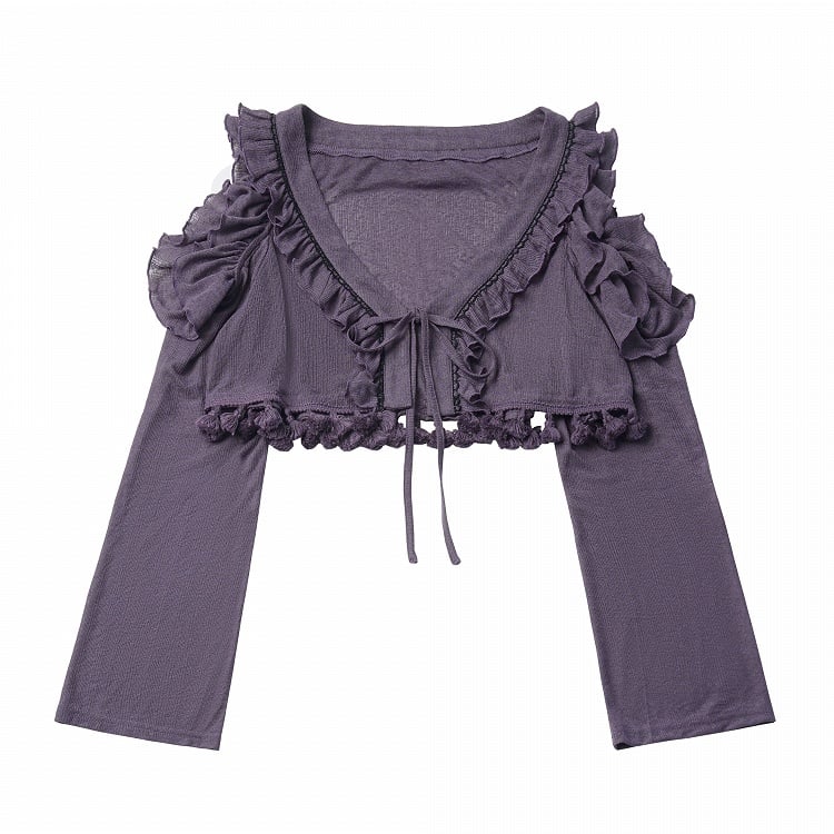 Purple Cutout Shoulder Knit Crop Top with Ruffle - PINK SAVIOR