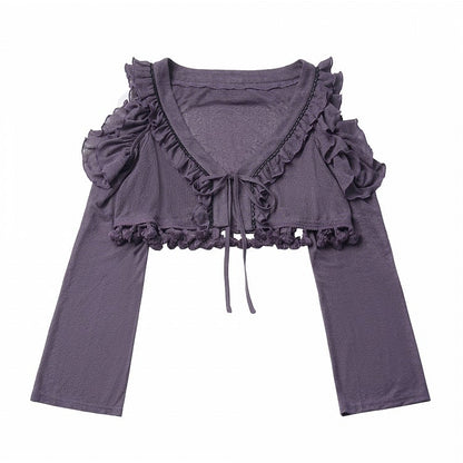 Purple Cutout Shoulder Knit Crop Top with Ruffle - PINK SAVIOR