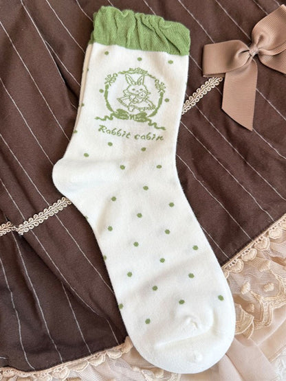 Polka-dot Mint Green/Pink/Black/Brown Print Stock Pattern Ruffled Bunny Calf Lolita