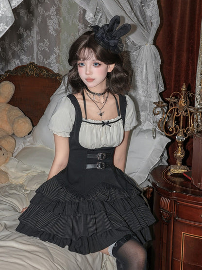 Black & White Striped Halter OP Dress with Necklace and Rabbit Hat - With PUJI