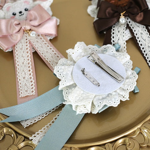 Pink Bow Hairclip / Green Coffee Adorable Sweet Lolita Bear Lace