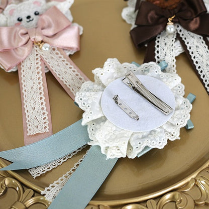 Pink Bow Hairclip / Green Coffee Adorable Sweet Lolita Bear Lace