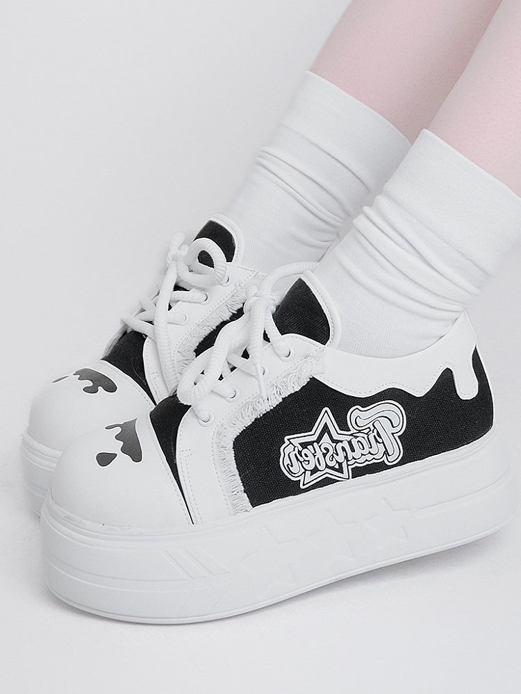 Design Print Otaku-Kwaii Lace-Up Trim Letter - Raw Edge Black Platform with Shoes White