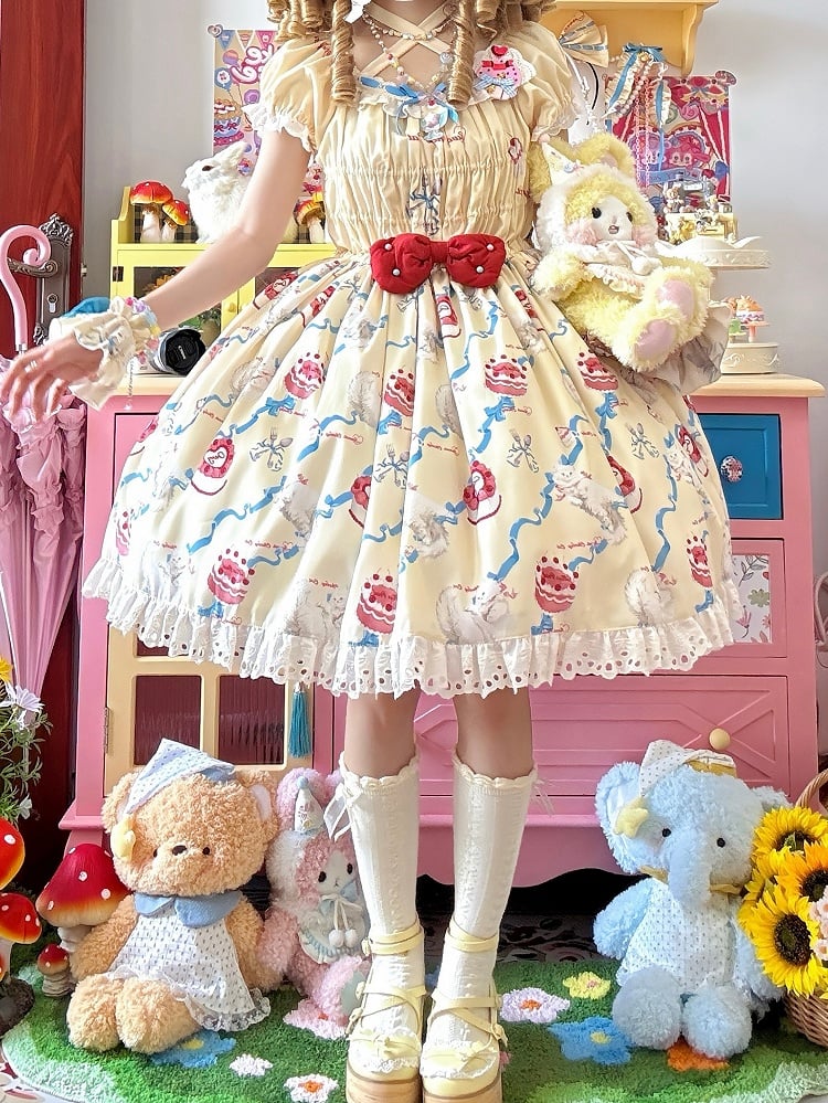 Smocked Cream One Lolita Bows Sweet and Piece Kitty Yellow Elastic Print Bodice