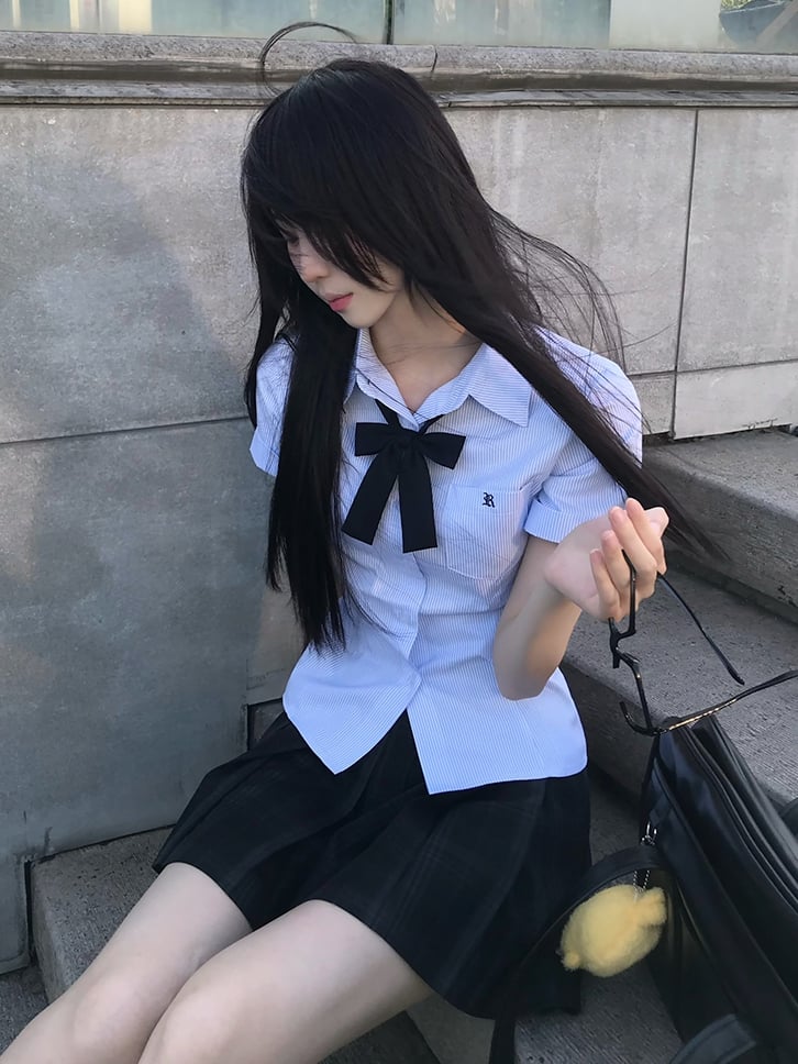 Uniform Short Pattern Blue Shirt Style Striped JK Sleeves Preppy