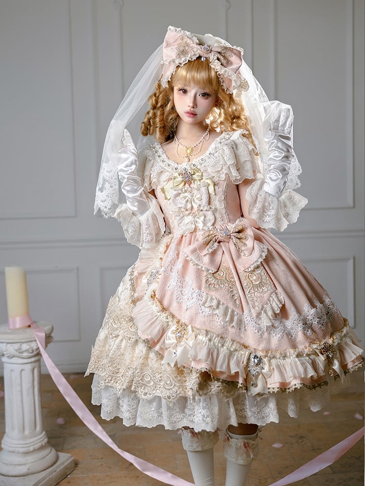 Jumper and Bead Pink Dress Skirt Bow Accents Set Full Princess Jacquard Lolita