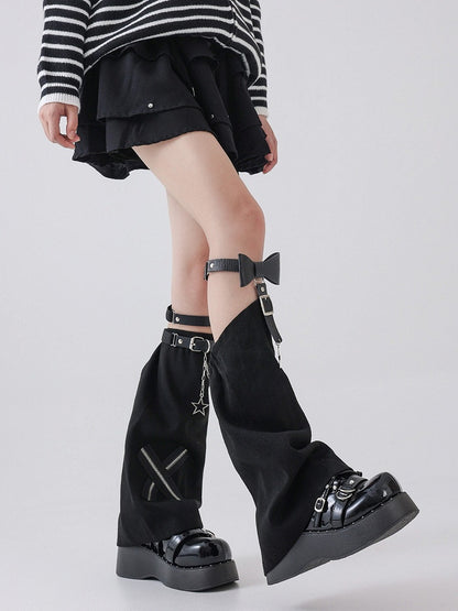 Black Denim Leg Warmers with Bow - Solost