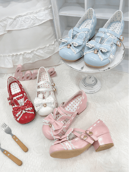 PU Bow White Heeled Lolita Bunny 4.2cm Shoes Sweet Decor in Strawberry - Buckle