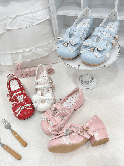 Mary in Lolita Bow Ruffle Sweet PU Janes Pink Rabbit-themed Mid-heel Trim with