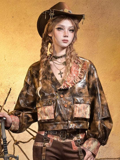 Collar Lace Orange Brown Millard 3D PU Asymmetrical with Steampunk Pockets Jacket