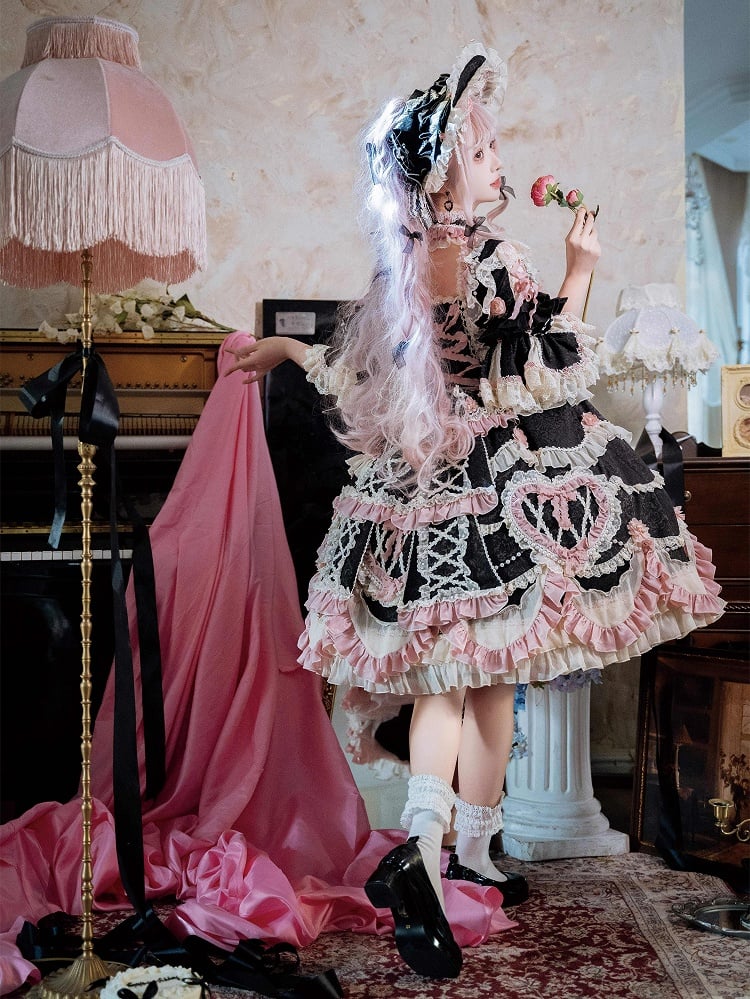 Schwarzes Hanayome-Rosetten-Stickerei-Blumen- und Perlenketten-Lolita-OP-Komplettset