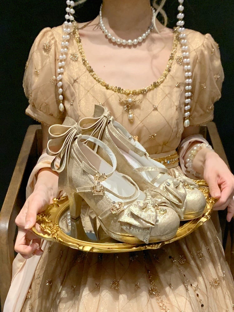 Gold Sparkling Satin Hanayome Lolita 8.5cm High Heels with Crown Buckle, Bowknot and Crystal Accents - Aimee