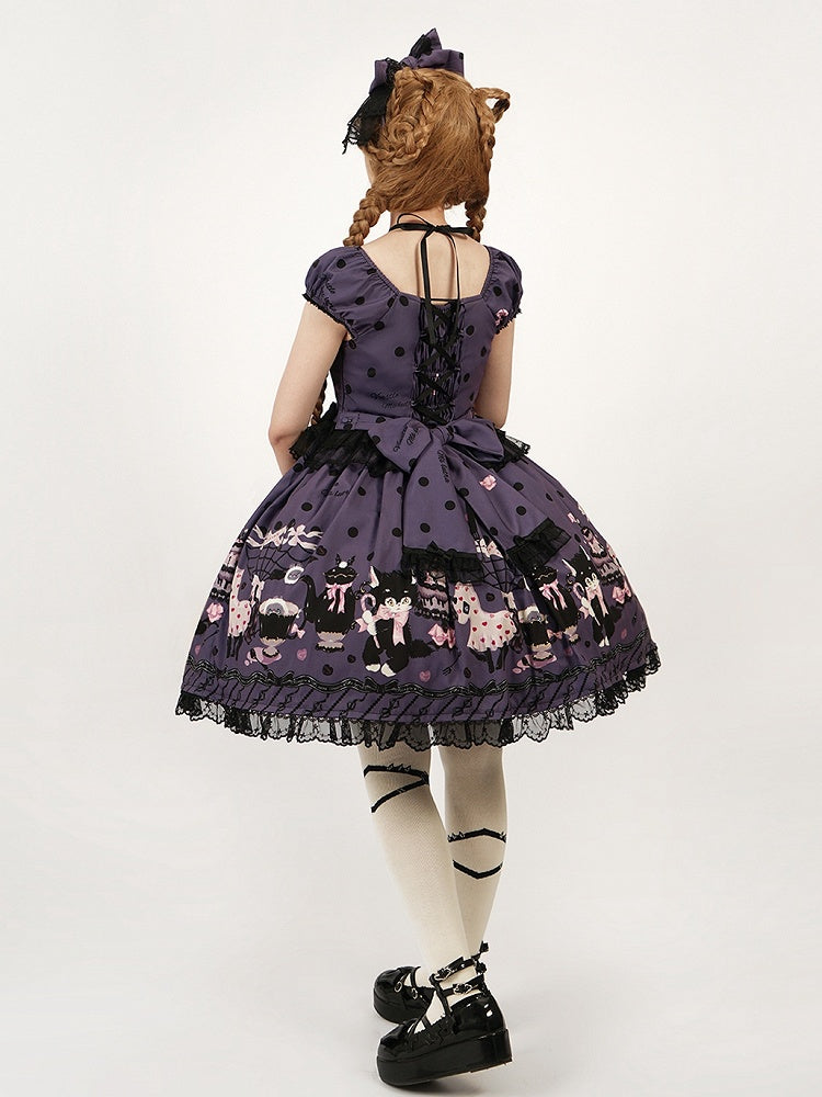 Black Purple Sweet with Print Polka Bow Lolita Cat Accents Dot Dress