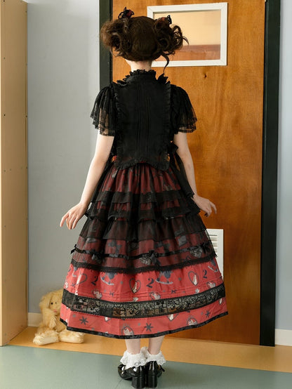 Black and Red Elastic Waist Puppy and Retro Telephone Sweet Lolita Skirt