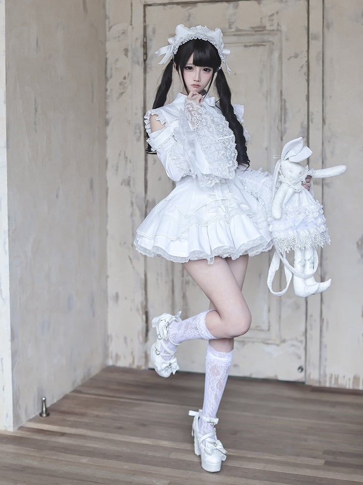 White Gothic Landmine Blouse with Cutout Shoulders, Bell Sleeves and Lace Accents - Ekomi