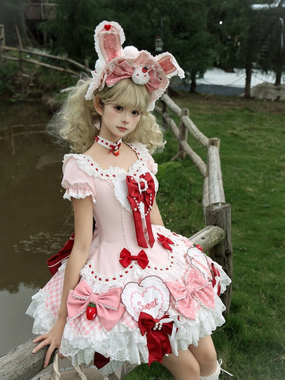 Heart Lolita Bow Decorated Pink Strawberry-Themed JSK Red and Set / Cute Full