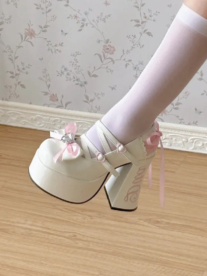 Heels Sweet Block Design - Crisscross High Platform Lolita White