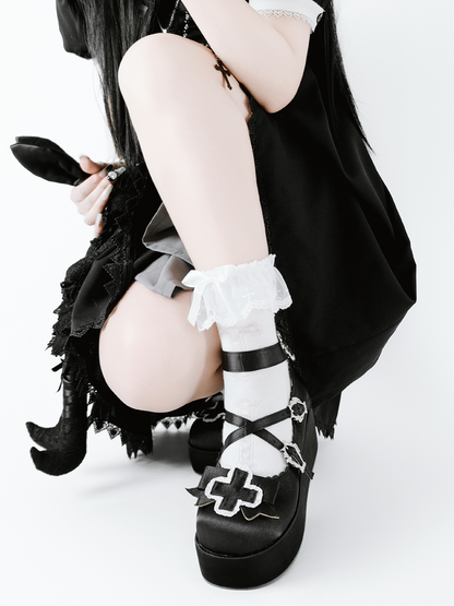 6cm Gothic Heel Straps Black Criss-cross Balletcore Satin Platform Buckle Shoes with