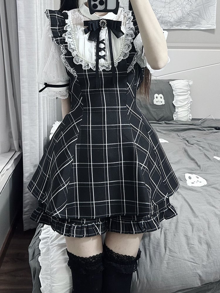 Jirai Kei Set mit kurzen Puffärmeln, Shorts, weißem Oberteil – kariert/grau, karierter Ausschnitt, Illusion, schwarz und in