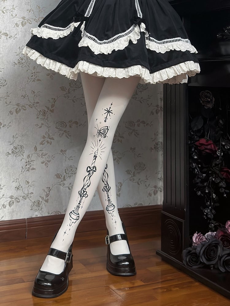 Strumpfhose Schmetterling und Kandelaber Print Gothic Lolita Weiß