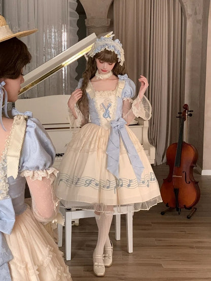Lolita Blue Note Version Elegant Lace Dress Classic Musical Short Print Beige Violin Embroidery with