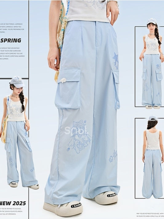 Lockere Hose mit geradem Bein und Taschen, blau, mit Anime-Print, Cargo