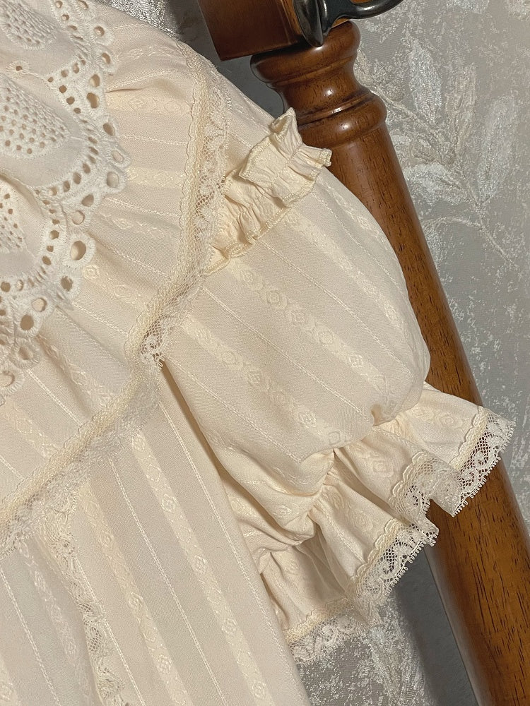 Short Sleeves Ruffle Beige Neckline Blouse Puff