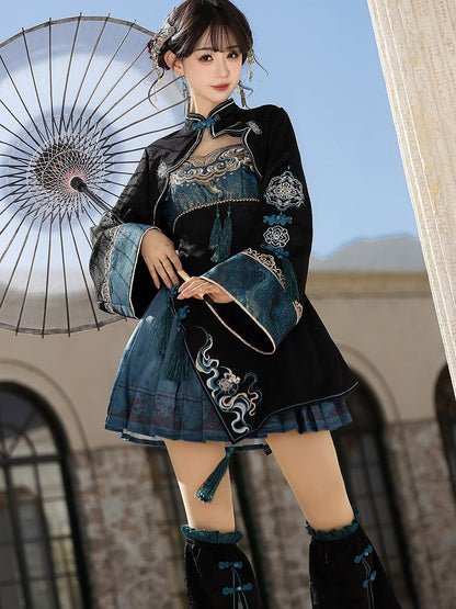 Black Cyan Mandarin Collar Embroidered Han Bolero with Tassels - Unknown Star