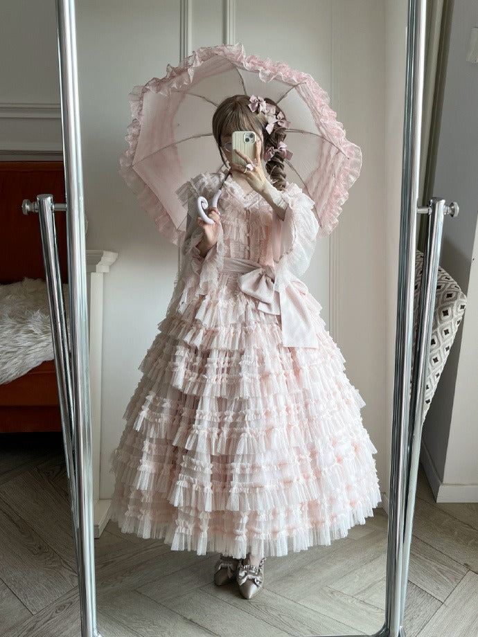 Multi-layered Set Blouse + Belt - Mesh Elegant Bell Sleeves Waist Skirt Lolita Cotton Vest Pink Classic Tulle Dotted