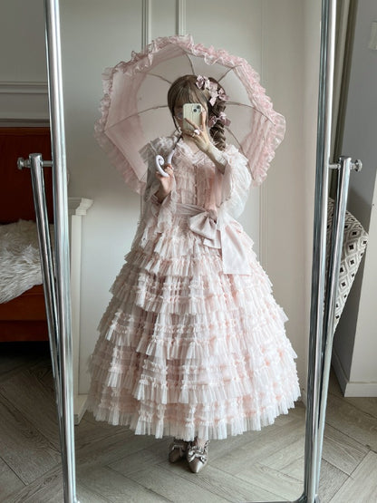 Multi-layered Set Blouse + Belt - Mesh Elegant Bell Sleeves Waist Skirt Lolita Cotton Vest Pink Classic Tulle Dotted