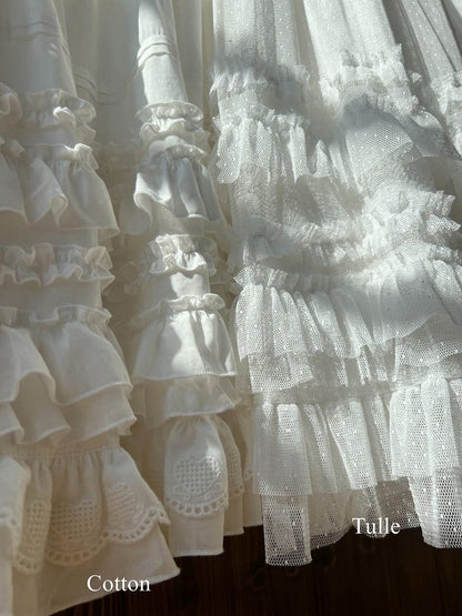 Elegant Cotton Multi-Layer Lolita Skirt White Ruffled Loose Hem