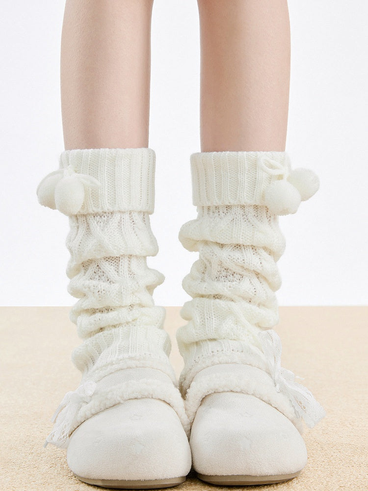 Knit with 5-Color Leg Warmers Detail Cable Bow Pom-Pom