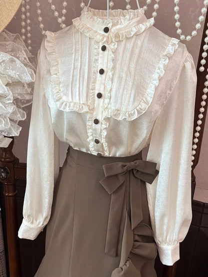 Beige Ruffle Neck Long Sleeve Blouse for Bust 82-90cm - MUYU