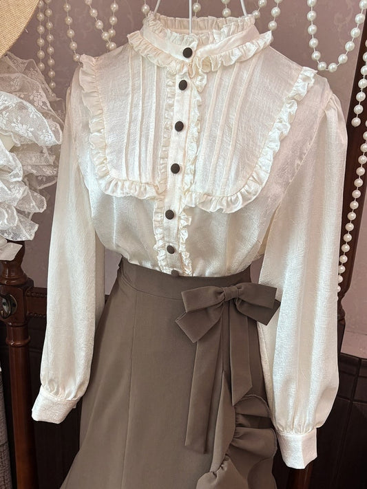 Beige Ruffle Neck Long Sleeve Blouse for Bust 82-90cm - MUYU