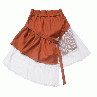 裾スカート オレンジ 伸縮性ウエスト レースパッチワーク アシンメトリー