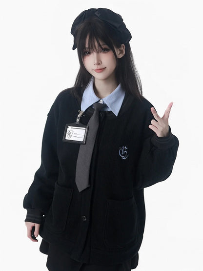 with Embroidered Lining - Black Cardigan Knit Collegiate Style Crest Fleece
