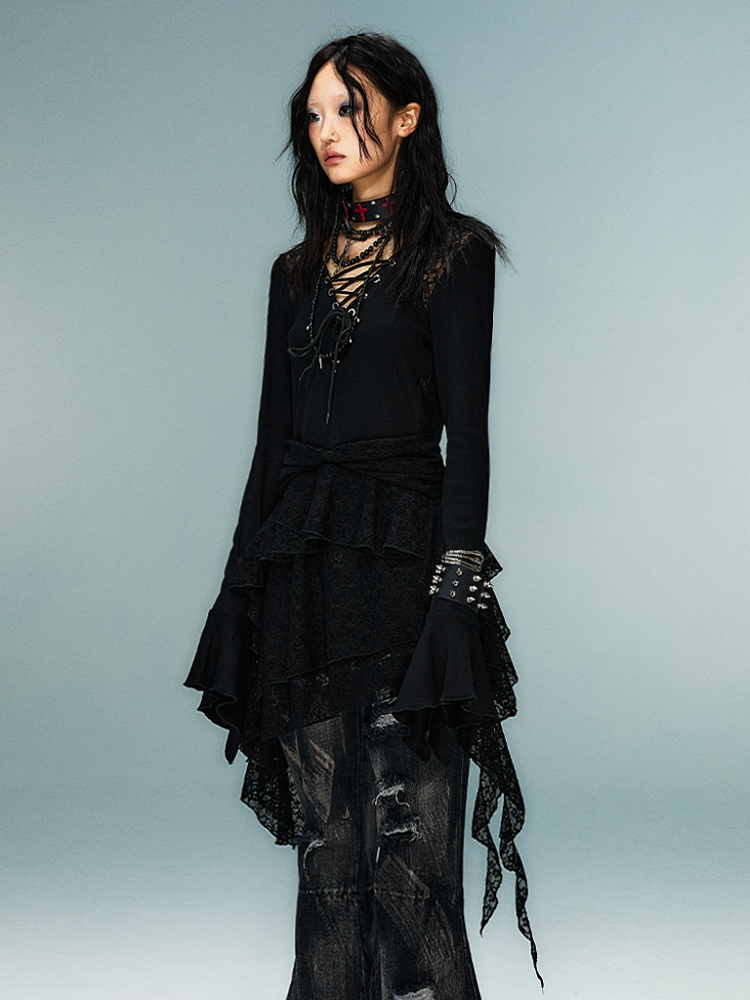 Knit Dress with Lace Accents Sleeve Hem Black Gothic Punk Bell Handkerchief