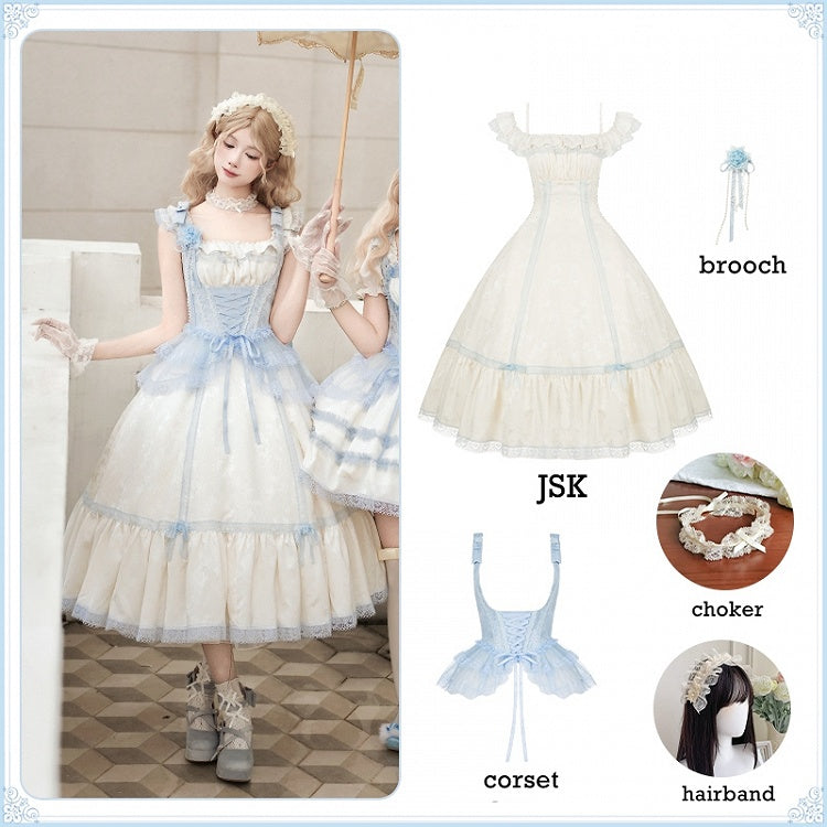 Blue Lolita Beige Full Slim Waist Set Versatile Light Neckline JSK Fit and